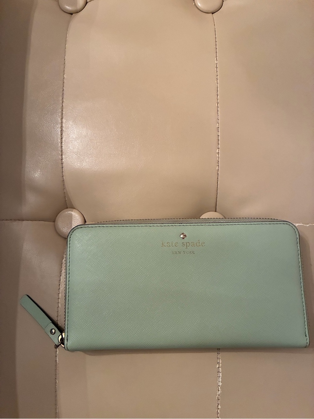 kate spade mint green zip-around leather wallet with gold logo